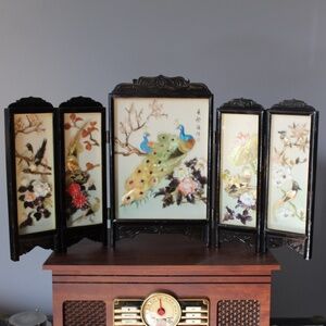 MCM Signed Asian Shell Art. Antique framed 5 panel Peacock Birds & Floral Art